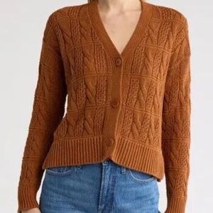 Unworn Madewell Open Stitch Cable Cotton Cardigan Sweater in Warm Coffee